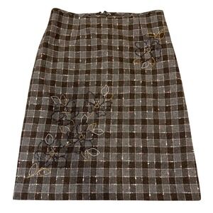 Beth Bowley Brown Grey Plaid Beaded Wool Blend Pencil Skirt‎ Size 6 Floral Pink